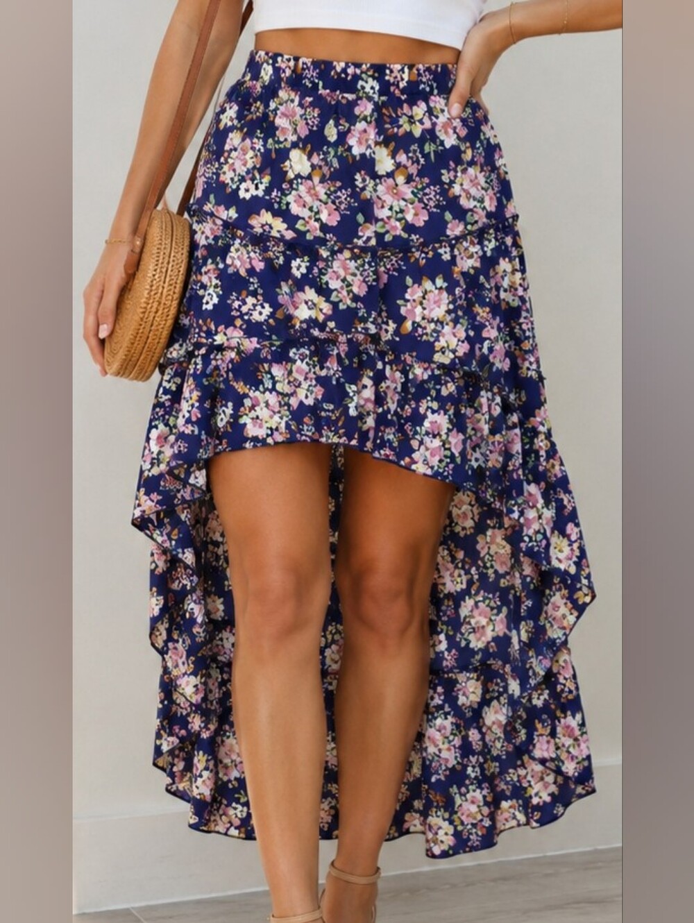 BTFBM Floral Tiered Maxi Skirt Navy Pink Medium NWOT Size M
